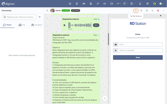 Tela de atendimento do Digisac com conversa e integração de CRM