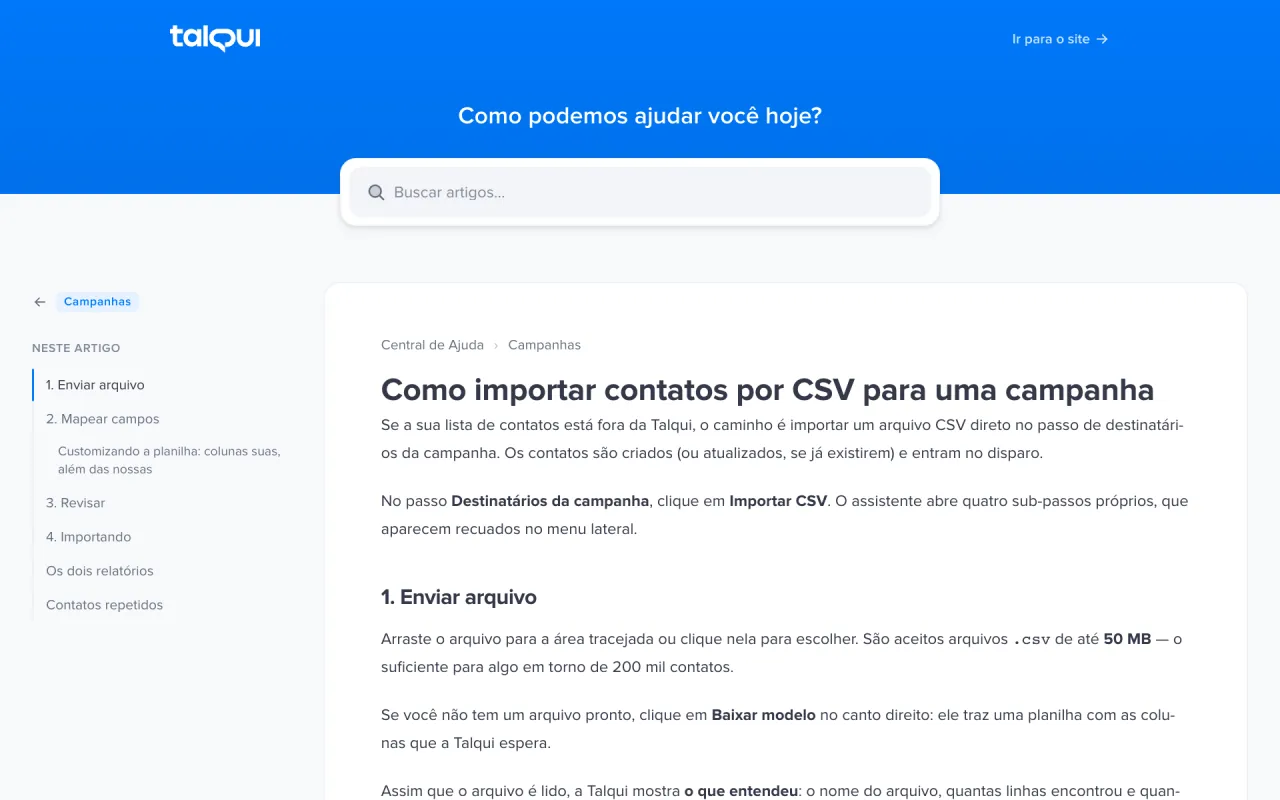 Artigo da ajuda.talqui.chat sobre importar contatos por CSV, com os tópicos ao lado