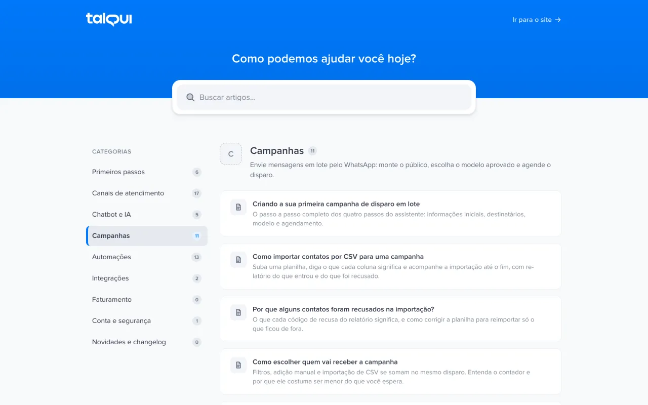 Categoria Campanhas da ajuda.talqui.chat com a lista de artigos