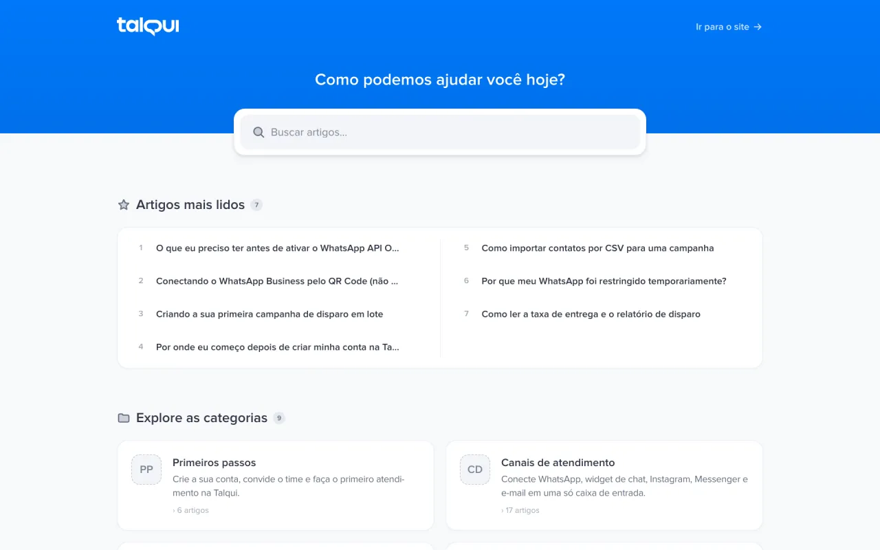 Página inicial da ajuda.talqui.chat com a busca, os artigos mais lidos e as categorias