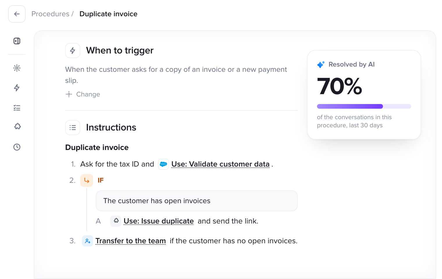 Editor de procedimentos do Talqui IA com uma etapa que usa a integração com o Salesforce e 70% das conversas resolvidas pela IA
