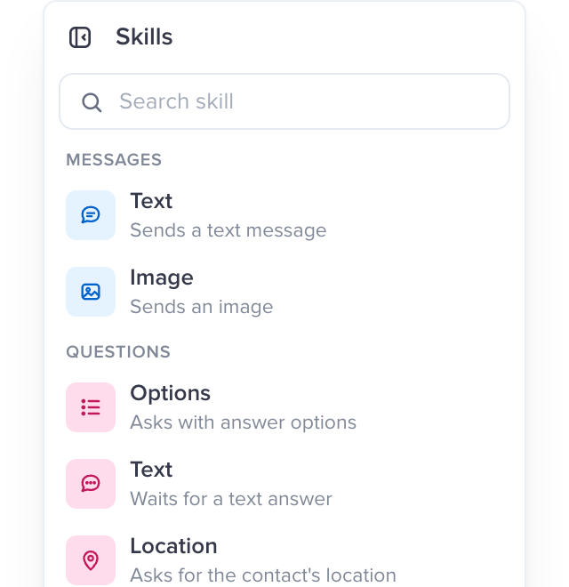Paleta de habilidades do Chatbot Studio com blocos de mensagens, perguntas e atendimento para arrastar para o fluxo