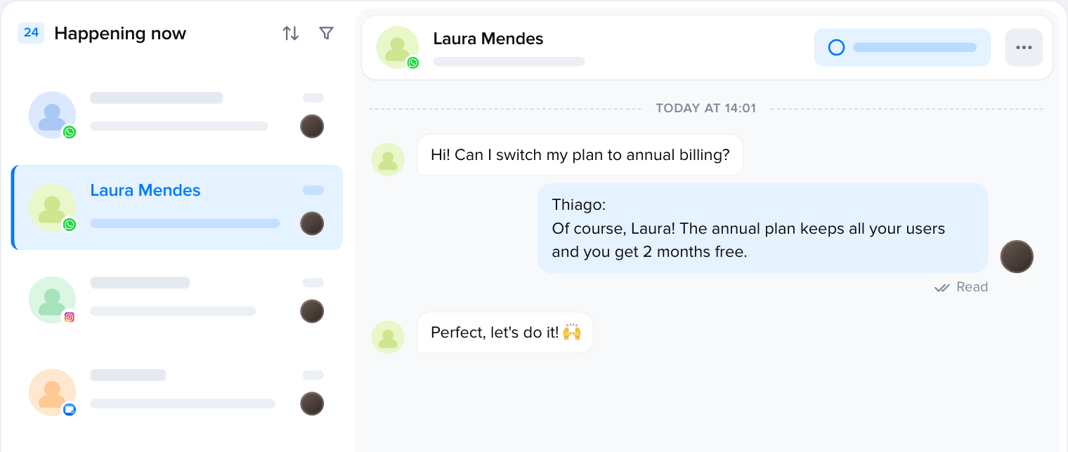 Painel de atendimento da Talqui com a lista de conversas e uma conversa aberta entre o cliente e o operador