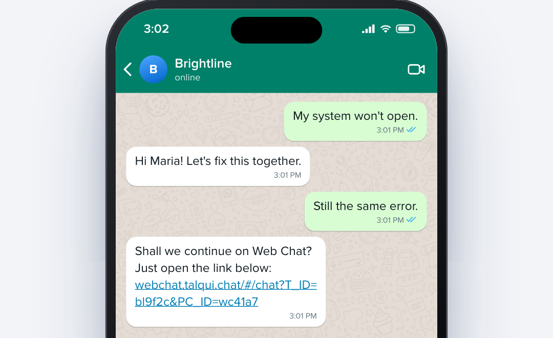 Conversa no WhatsApp com o convite para continuar o atendimento no Webchat