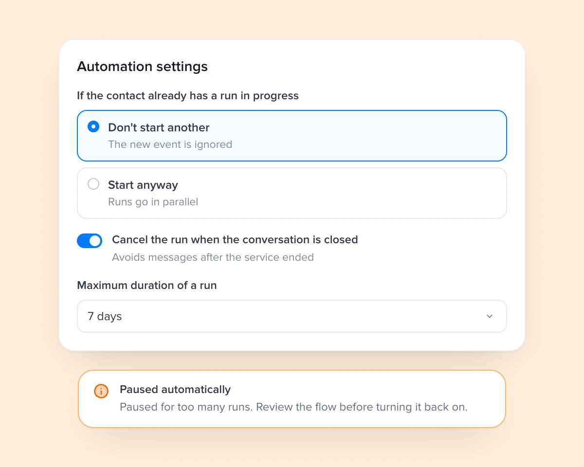 Configurações de uma automação e o aviso de pausa automática por excesso de execuções